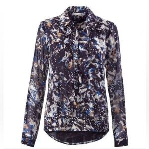 CAbi Starry Night Ruffle Top Blouse Style 3066 Size Large Blues Browns Lined